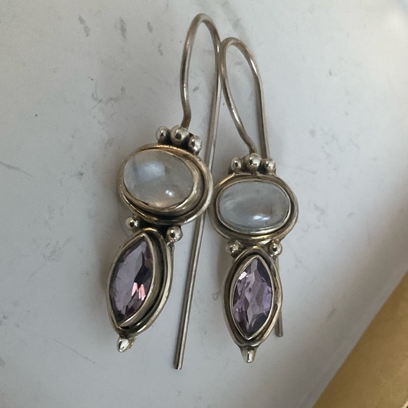 Dainty Rainbow Moonstone & Amethyst French Wire Ear Rings - Picture 1 of 7